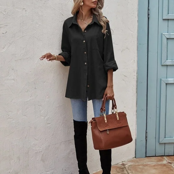 Classic Mocha Brown Button up Oversized Boyfriend Top - Picture 8 of 12